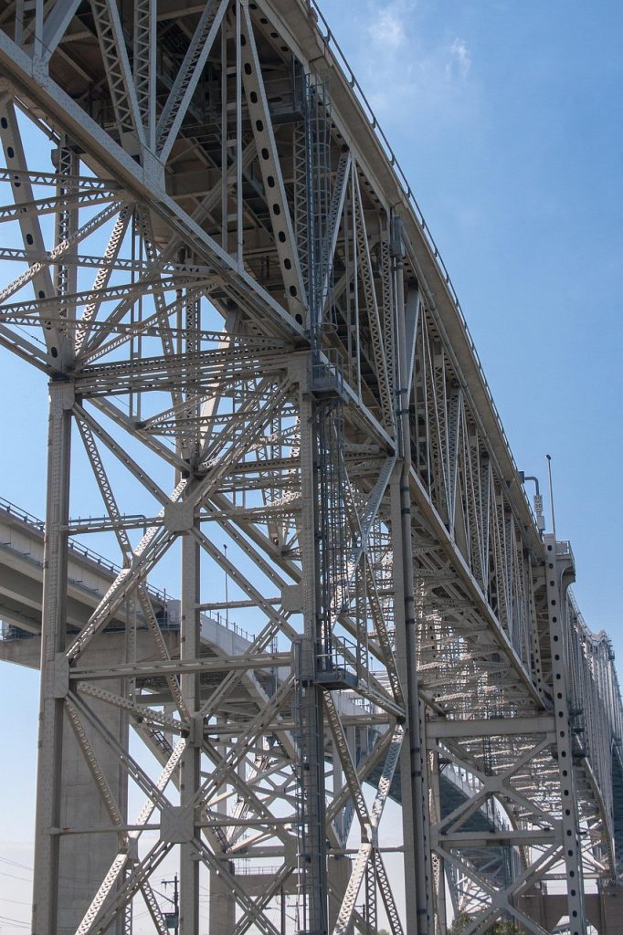 bridge, steel, nature, iron, construction, architecture, metal rods, metal, steel bridge, railway bridge, cross, steel structure, iron construction, sky, transport, track, gray cross, gray bridge